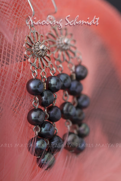 Earrings - Strings of Black Pearls & Sterling Silver Flower Settings