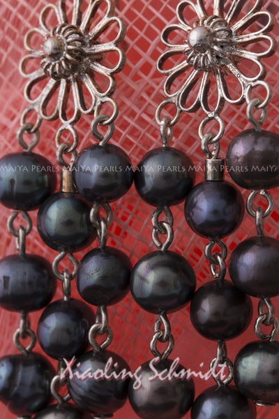 Earrings - Strings of Black Pearls & Sterling Silver Flower Settings