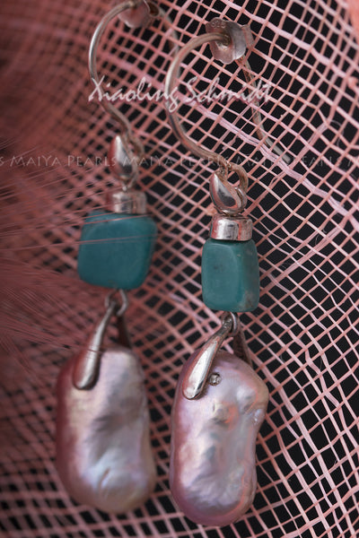 Earrings - Large Rectangular Pink Freshwater Pearls with Turquoise Stone Squares