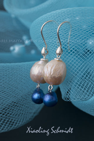 Earrings - Large AAA Peach Freshwater Pearl and Dyed Blue Pearl