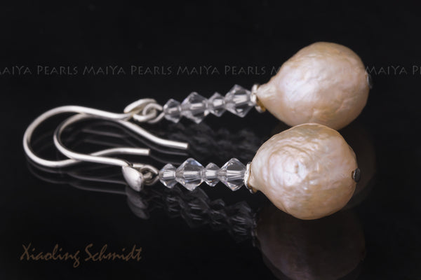 Earrings - Large Freshwater Peach Pearls & Swarovski Crystals