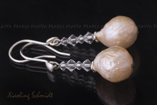 Earrings - Large Freshwater Peach Pearls & Swarovski Crystals
