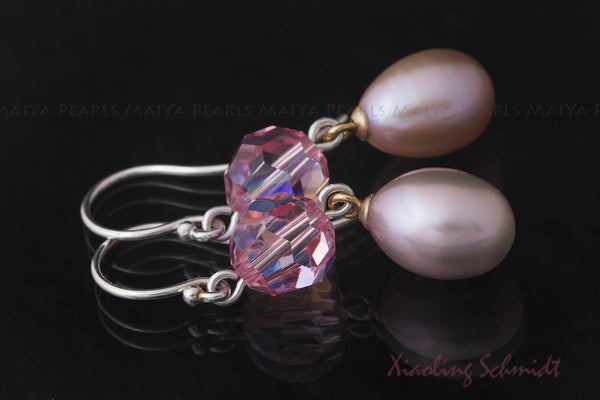 Earrings -  Pink Freshwater Pearl & Swarovski Crystal (Sterling Silver Fishhook Clasp)