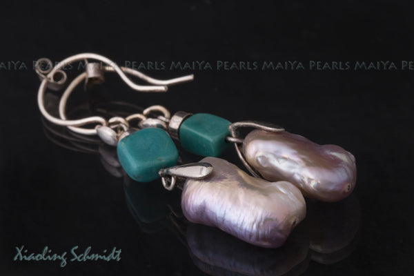 Earrings - Large Rectangular Pink Freshwater Pearls with Turquoise Stone Squares