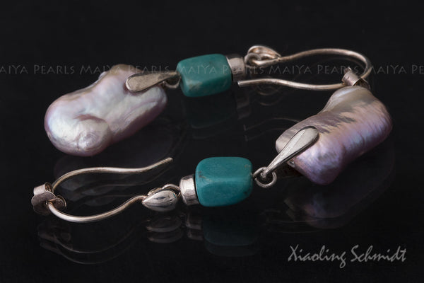 Earrings - Large Rectangular Pink Freshwater Pearls with Turquoise Stone Squares