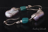 Earrings - Large Rectangular Pink Freshwater Pearls with Turquoise Stone Squares