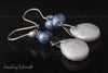 Earrings - Large White Coin Shaped Pearls and Baroque Blue Pearls with Sterling Silver Fishhook Clasps