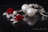 Earrings - Red Rose, white cultured pearls with cubic zirconia