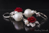 Earrings - Red Rose, white cultured pearls with cubic zirconia