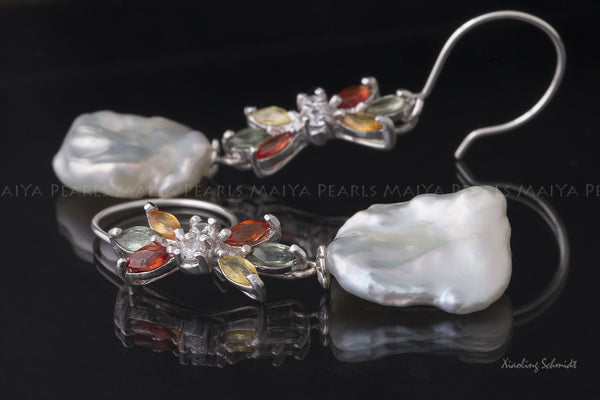 Earrings - Large Keshi Baroque Pearls with Saphires