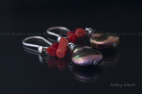 Earrings - Red Coral Earrings- Natural Red Coral Branch & High Lustre Purplish Brownish Black Coin / Flat Pearls