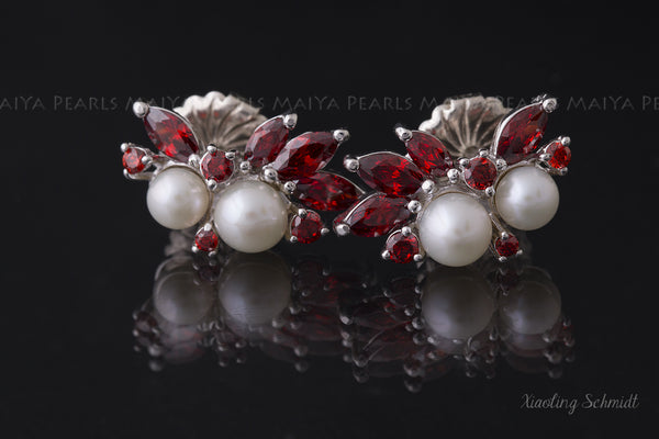 Stud Earrings - Round White Freshwater Pearls with Red Rubies