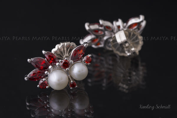 Stud Earrings - Round White Freshwater Pearls with Red Rubies