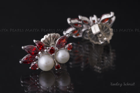 Stud Earrings - Round White Freshwater Pearls with Red Rubies