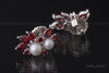 Stud Earrings - Round White Freshwater Pearls with Red Rubies