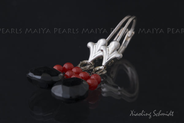 Earrings - Black Spinal and red coral with 925 Sterling Silver Lever back