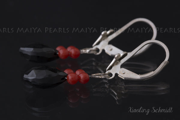 Earrings - Black Spinal and red coral with 925 Sterling Silver Lever back