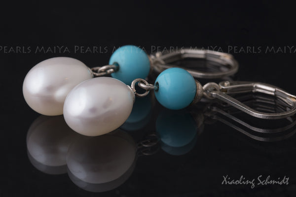 Earrings - Teardrop Pearl and Sleep Beauty Turquoise, 925 Sterling Silver