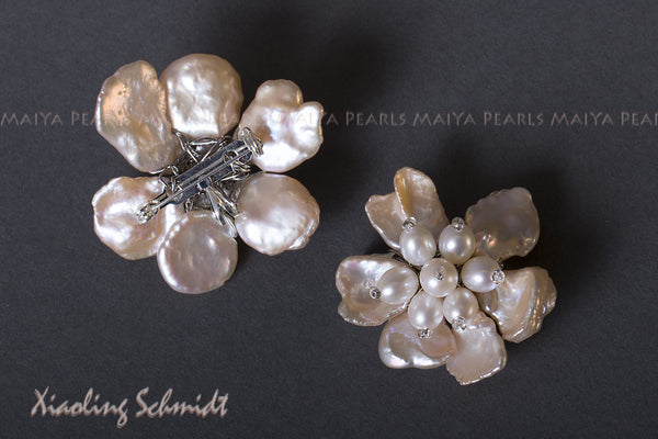Necklace - 3-Strand White Freshwater Pearls with Keshi Peach Petal Flower Pendants