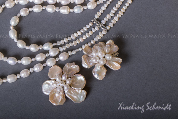 Necklace - 3-Strand White Freshwater Pearls with Keshi Peach Petal Flower Pendants
