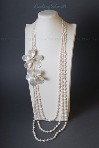 Necklace - 3-Strand White Freshwater Pearls with 2 Sea Shell Flowers with Pearls and Crystals