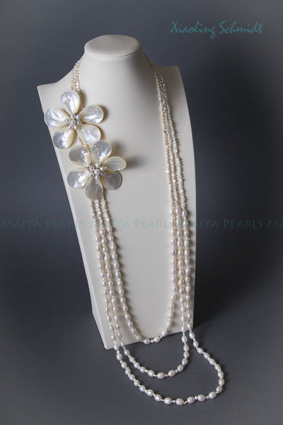 Necklace - 3-Strand White Freshwater Pearls with 2 Sea Shell Flowers with Pearls and Crystals