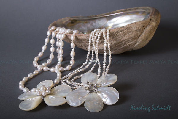 Necklace - 3-Strand White Freshwater Pearls with 2 Sea Shell Flowers with Pearls and Crystals