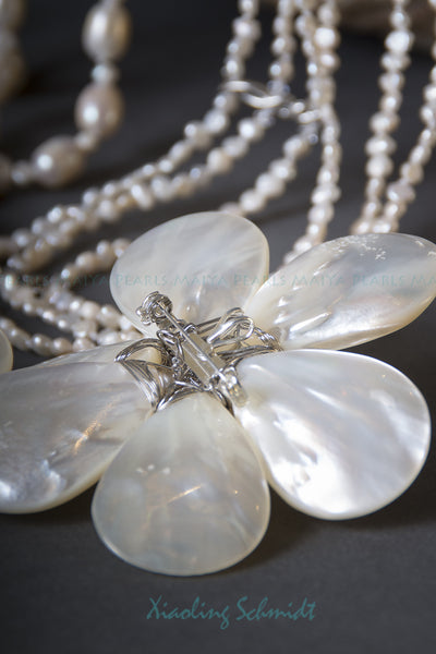 Necklace - 3-Strand White Freshwater Pearls with 2 Sea Shell Flowers with Pearls and Crystals