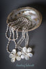 Necklace - 3-Strand White Freshwater Pearls with 2 Sea Shell Flowers with Pearls and Crystals