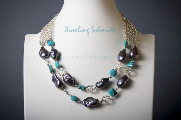 Necklace - Exquisitely Hand-crafted Large Black Pearls with Turquoise (Sterling Silver)