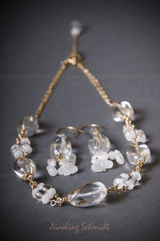Necklace - Natural Crystal Quartz Moonstone & 14K Gold Wire
