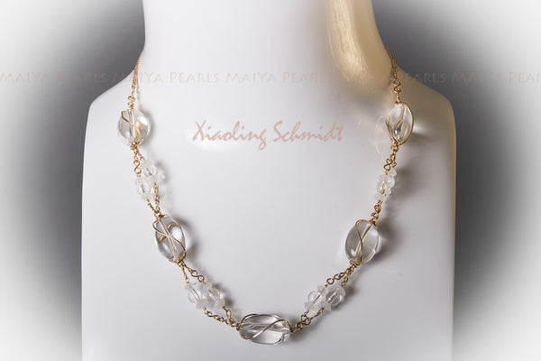 Necklace - Natural Crystal Quartz Moonstone & 14K Gold Wire