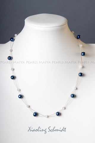 Necklace - Navy Blue Pearls & Moonstones