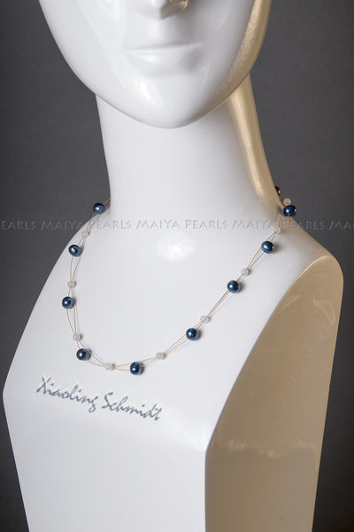 Necklace - Navy Blue Pearls & Moonstones
