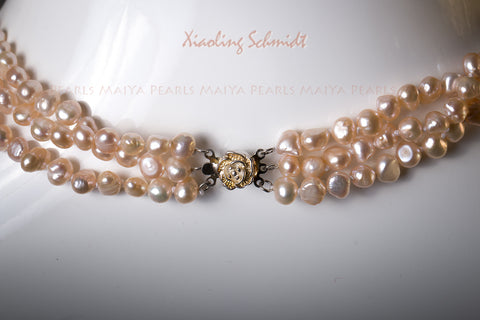 Necklace - 3-Strand Peach Baroque Freshwater Pearls with Rose Clasp
