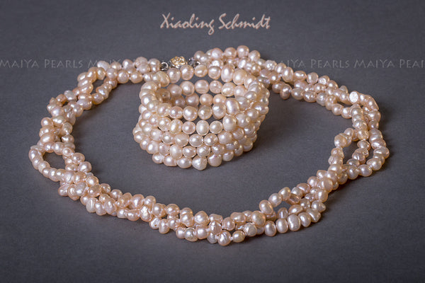 Necklace - 3-Strand Peach Baroque Freshwater Pearls with Rose Clasp