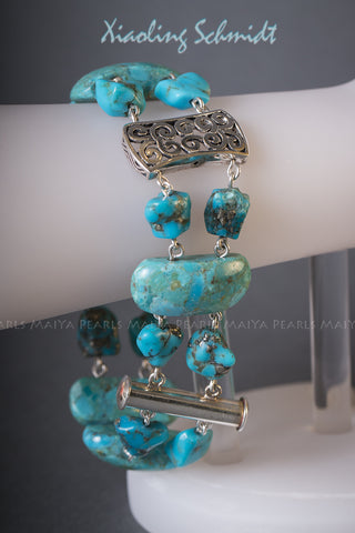 Bracelet - Unique Turquoise Design with 925 Sterling Silver Clasps and links