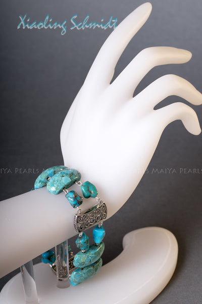 Bracelet - Unique Turquoise Design with 925 Sterling Silver Clasps and links
