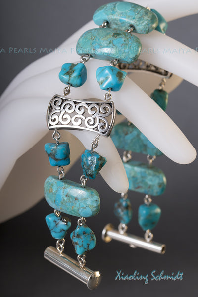 Bracelet - Unique Turquoise Design with 925 Sterling Silver Clasps and links