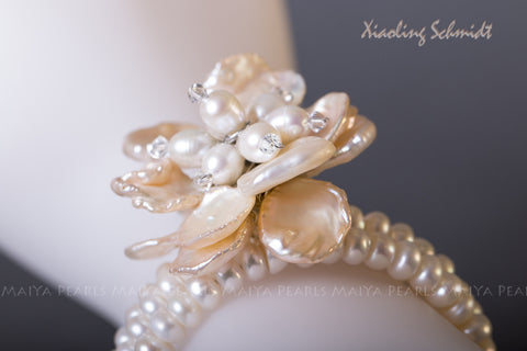 Peach Pearl Bracelet with Flower Brooch