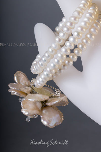 Peach Pearl Bracelet with Flower Brooch