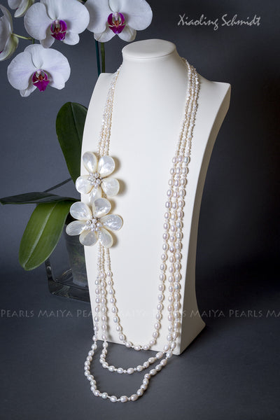 Necklace - 3-Strand White Freshwater Pearls with 2 Sea Shell Flowers with Pearls and Crystals