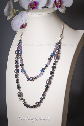 Necklace - Multi colour dyed freshwater pearls and Amethysts