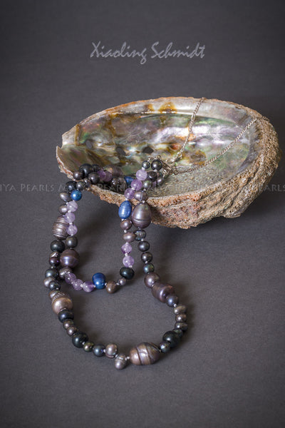 Necklace - Multi colour dyed freshwater pearls and Amethysts