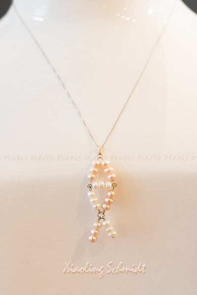 Pendant Necklace - Peach and White Pearls in Fish Shape