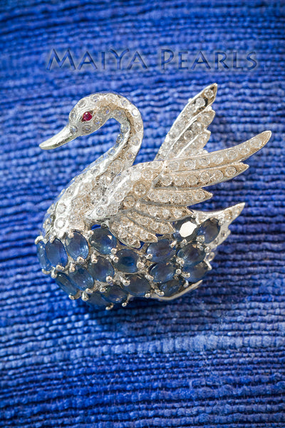 Brooch - Elegant Swan with Blue Sapphire & Natural Ruby & Cubic Zirconium with 14K White Gold