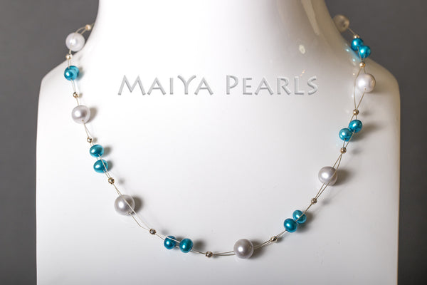 Necklace - Teal Blue and Silver Freshwater Pearls with 925 Sterling Silver Wire & Argentium Beads