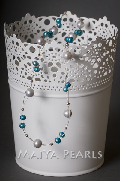 Necklace - Teal Blue and Silver Freshwater Pearls with 925 Sterling Silver Wire & Argentium Beads