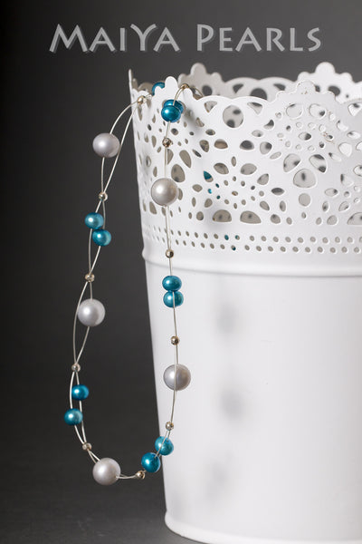 Necklace - Teal Blue and Silver Freshwater Pearls with 925 Sterling Silver Wire & Argentium Beads