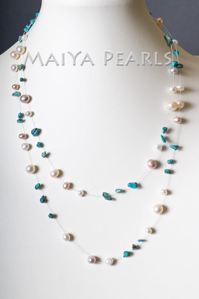 Illusion Necklace - 2-Strand with Turquoise and Pearls